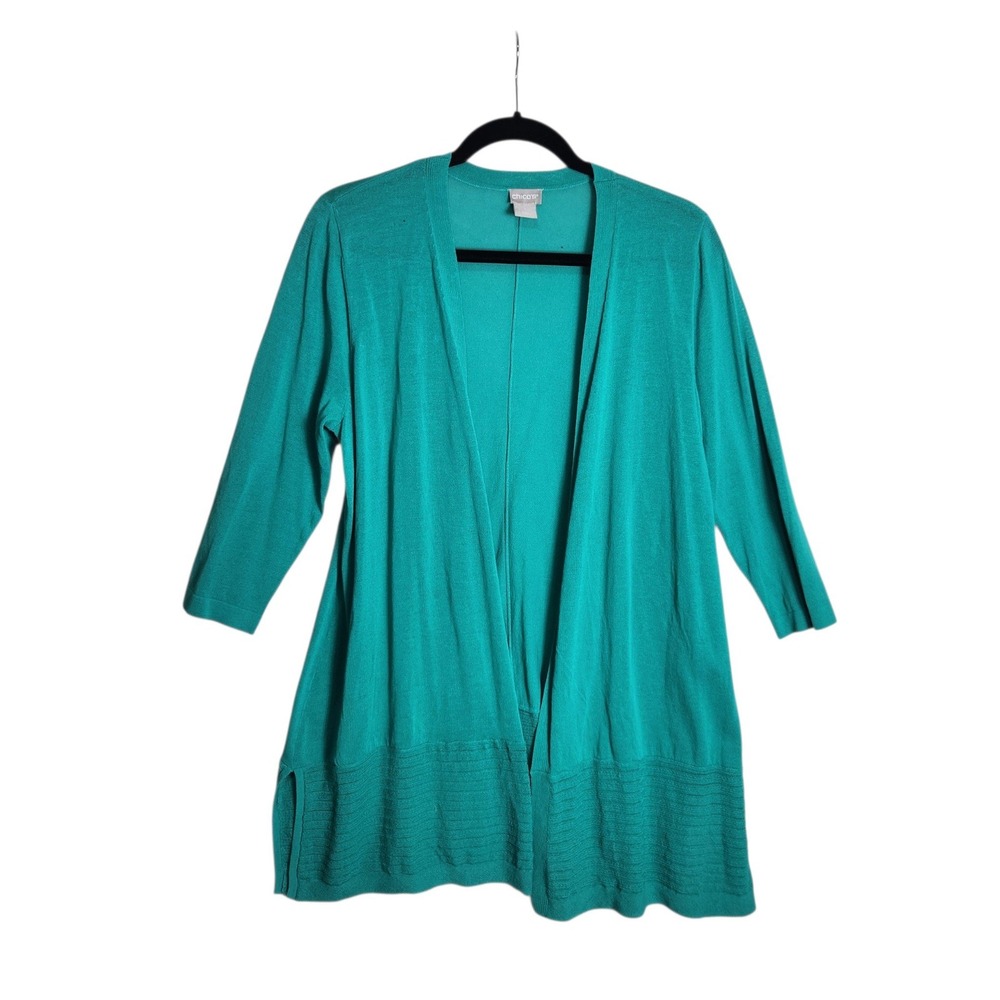 Chico's Teal Green Open Front Cardigan Ribbed Hem 3/4 Sleeve Size 1 M